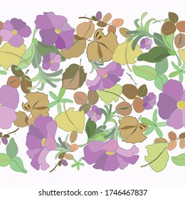 Yellow beige leaves violet flowers mix wide border, cottage core style, from the seamless vector patterns collection Autumn Bouquet. There are companion patterns.