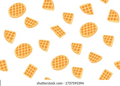 Yellow Belgian waffles seamless pattern for print design. Cartoon sweet vector illustration. Golden waffle slices on white background. Decorative Modern cookie cover. Snack Geometric shapes.