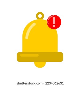 Yellow bell alert notification for social media reminder with exclamation mark in red circle icon on white background flat vector design.