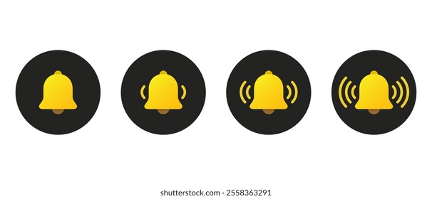 Yellow bell icon set in flat design. Notification, reminder, alarm sign symbol