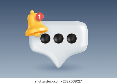 Campana amarilla con contador de notificaciones y burbuja de habla. Icono de notificación. Concepto de medios sociales o recordatorio de mensajería instantánea. Gráficos vectoriales 3D realistas