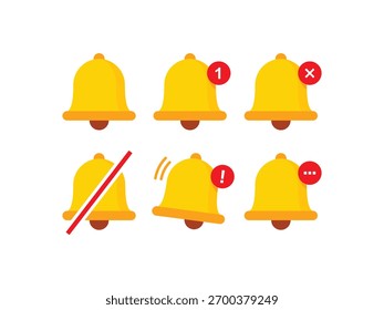 Yellow bell notification icon set for mobile app, website interface. Includes new message alert, error, mute, and pending status. Vector