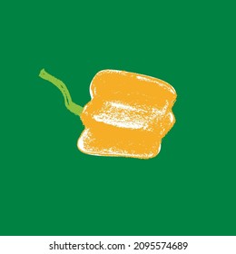 Yellow bell pepper. Calligraphy hand drawn illustration. Whole pod Bulgarian pepper drawing. Organic vegetable sign. Vegan food symbol. Healthy eat icon. Vegetarian doodle for eco market, bio products