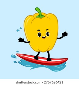 Yellow bell pepper cartoon character enjoying summer fun, standing on a red surfboard and riding a small wave with water splashes on a light blue background, representing a healthy lifestyle concept