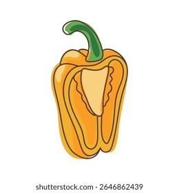 Yellow bell pepper cut in half with visible seeds and green stem in flat cartoon style isolated on white background