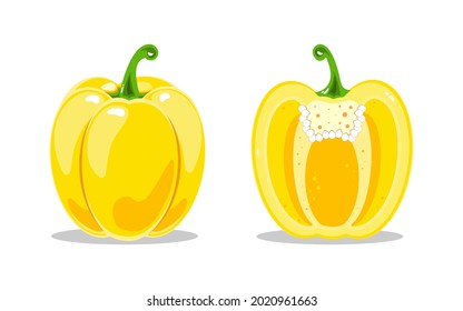 Yellow bell pepper and yellow bell pepper in the cut. Healthy nutrition. Vector illustration of vegetables.