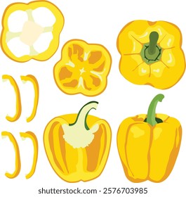 yellow bell pepper and pieces top view, Set of yellow bell pepper.