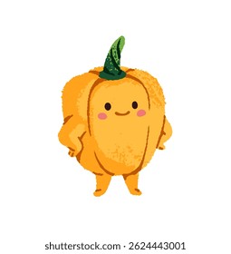 Yellow bell pepper smiles, stands in pose with hands on its hips. Cute vegetable character with happy emotions on face, positive facial expression. Flat isolated hand drawn illustration on white