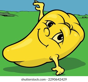 Yellow Bell Pepper with Smiling Face and Hands - Colored Cartoon Illustration with Background, Vector