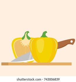 Yellow bell pepper vector on chopped board. free space for text. Cut half.