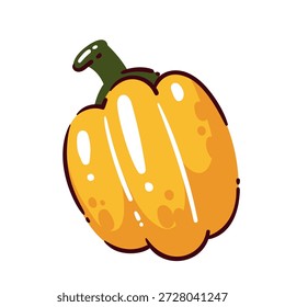 Yellow bell pepper vegetable with smooth skin and green stem, fresh pepper for cooking and healthy meals, sweet pepper produce, garden vegetable ingredient, cartoon vector illustration