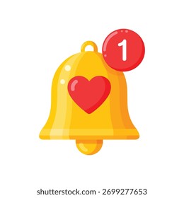 Yellow bell with red heart and notification badge alert vector art illustration design template isolated on a white background 