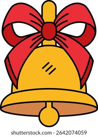 A yellow bell with a red ribbon 