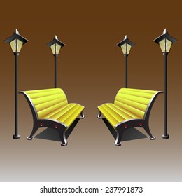 Yellow bench and lantern on a brown background. Vector illustration