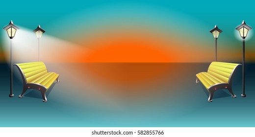 Yellow bench and lantern. Rising Sun. Mirror reflection. Vector illustration