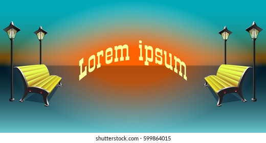 Yellow bench and lantern. Rising Sun. Mirror reflection. You can apply an inscription. Vector illustration