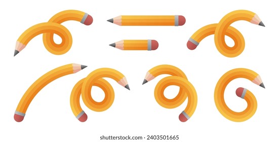 Yellow bended pencils set. Vector.
