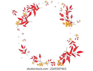 Yellow Berries Background White Vector. Leaf Vibrant Texture. Pink Leaves Drawn. Abstract Card. Foliage Tree.
