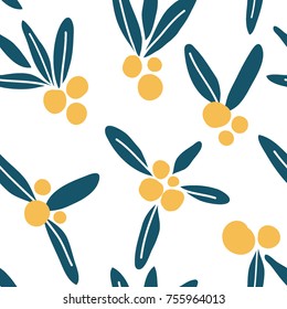 Yellow berries and leaves seamless pattern. Hand drawn floral illustration. Sketch style vector. Modern textile print, wrapping paper, wall art design.