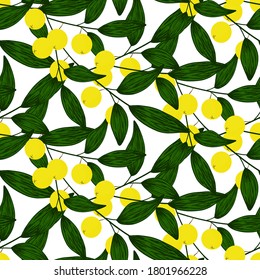 yellow berries on leaf branches seamless vector pattern