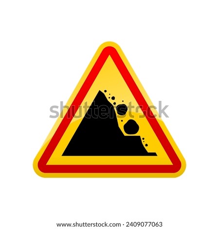 Yellow beware of rockfall mountain hill landslide natural disaster warning sign pole icon vector design