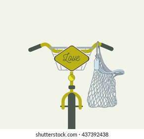 yellow bicycle with love sign on the handle and the bag flat style. Print design. Vector illustration. Cartoon style