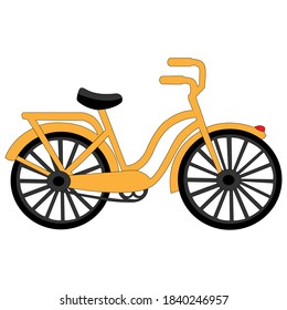 Yellow bicycle, in a retro style, side view, on large wheels, on a white background