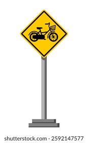 Yellow Bicycle Sign on a Post, Square Warning Road Sign with Bike Symbol, Traffic Signal for Cyclists, Caution Sign, Vector Illustration, EPS File, Isolated on White