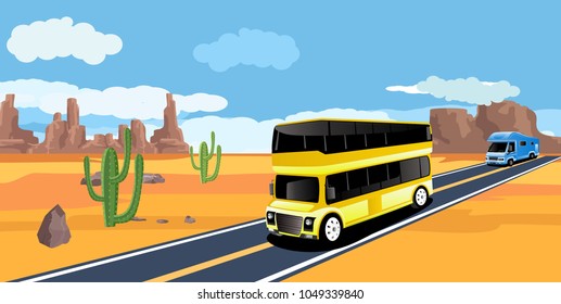 Yellow big bus driving along the highway in the desert landscape, concept vector illustration