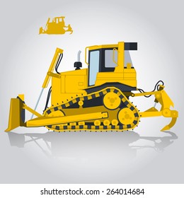 Yellow big digger builds roads ground works internet banners posters icon flatten isolated illustration vector