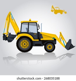 Yellow big digger builds roads ground works digging of sand coal waste rock and gravel illustration for internet banner, poster or icon flatten isolated illustration vector