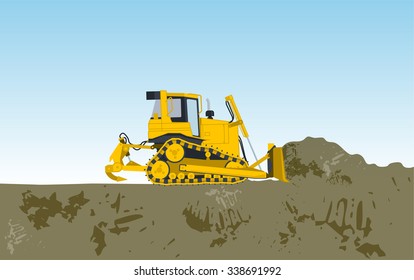 Yellow big digger builds roads gigging of hole ground works digging of sand coal waste rock and gravel illustration for internet banner poster or icon flatten isolated illustration vector