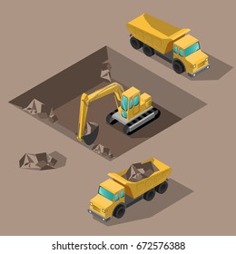 Yellow Big Digger Builds Roads Gigging Of Ditch Isometric Vector Illustration Or Icon