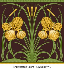 Yellow big irises and green reeds decorative border pattern on dark brown background. Vector illustration.