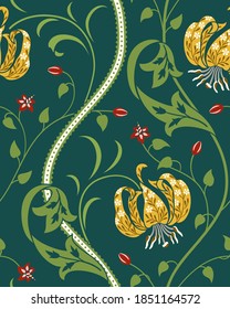 Yellow big lily seamless pattern on green background. Vector illustration.