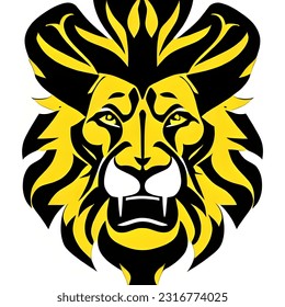 yellow big male lion logo, long thick hair, sharp fangs, strong brave lion authoritative