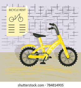 Yellow bike isolated on wall background. Bicycle rent concept. Vector illustration eps 10