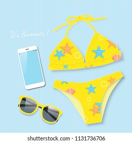 Yellow bikini with sunglasses summer vector concept.