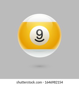 Yellow billiard ball with number nine. Realistic yellow sphere. Vector 3d illustration. Glossy shiny ball with number 9. Shiny ball with number for billiard pool games. One yellow ball. Billiard sport