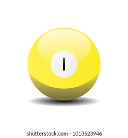 Yellow billiard ball with number one 1. Vector 3d ilustration icon