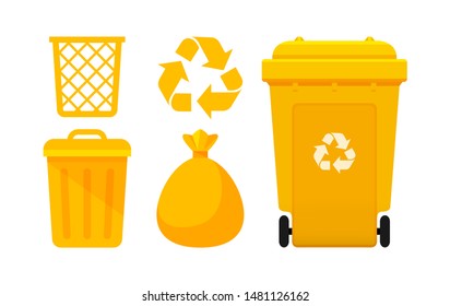 Yellow Bin Collection, Recycle Bin and Yellow Plastic Bags Waste isolated on white, Bins Yellow with Recycle Waste Symbol, Front view set of the Yellow Bins and Bag Plastic for Garbage waste, 3r Trash