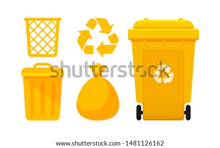 Yellow Bin Collection, Recycle Bin and Yellow Plastic Bags Waste isolated on white, Bins Yellow with Recycle Waste Symbol, Front view set of the Yellow Bins and Bag Plastic for Garbage waste, 3r Trash