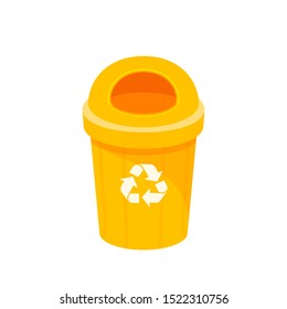 yellow bin isolated on white background, clip art of recycle bin small, illustration yellow bin plastic, flat icon bin waste, yellow trash can, dustbin for garbage with recycle symbol