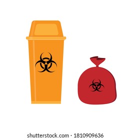 The Yellow Biohazard Bin And The Red Waste Bag On White Background. 