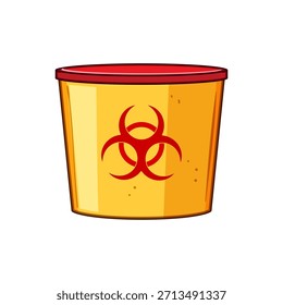 Recipiente amarillo para desechos biológicos peligrosos con tapa roja y símbolo de advertencia, que ilustra los procedimientos de eliminación segura y control de infecciones para desechos médicos, de laboratorio y biológicos peligrosos