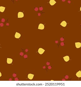 Yellow birch leaves and red berries on a terracotta background. Seamless pattern, flat style. Vegetable background for paper, gift wrap, textile,  interior decor.