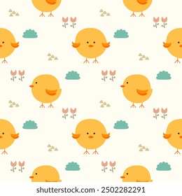 Yellow bird cartoon so cute. On grass flower background. Pattern seamless vector illustration. 
