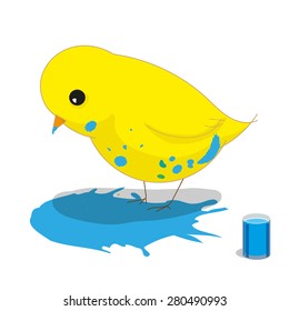 Yellow bird covered with blue paint splash staying in the blue paint puddle. Cute  character isolated on a white background. Vector illustration. Can be used for color presentation or as a sticker.