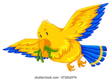 Yellow Bird Eating Little Worms Illustration