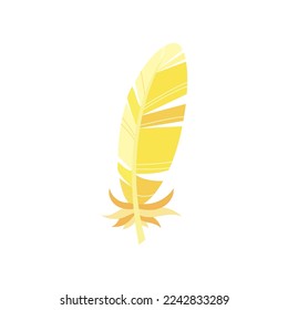 Yellow bird feather cartoon illustration. Graphic bright quill with abstract pattern for web design isolated on white background. Plumage concept.